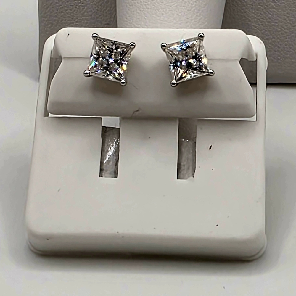 Sterling Silver Solitaire Stud Earrings with Princess Cut Moissanite 2cwt